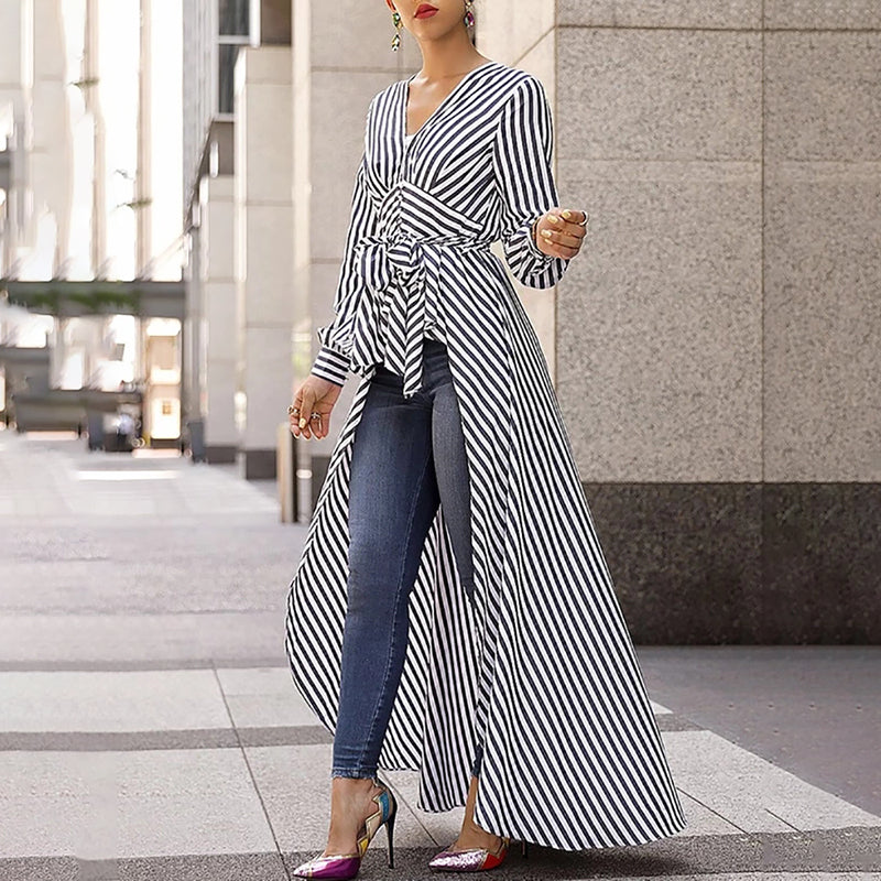 Brief V Neck Long Sleeve Stripe Loose X-Long Blouse