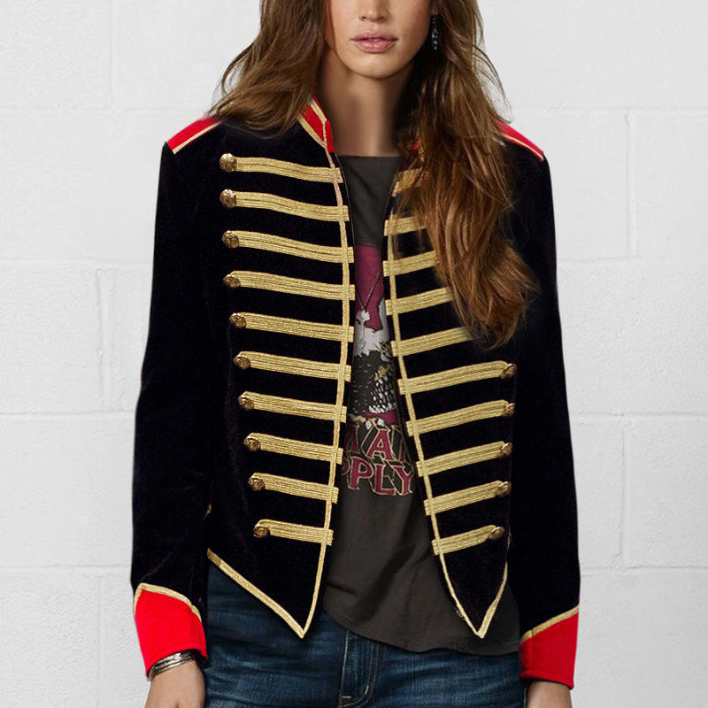 Fashion Decorative Buckle Stand Collar Long Sleeve Irregular Jackets