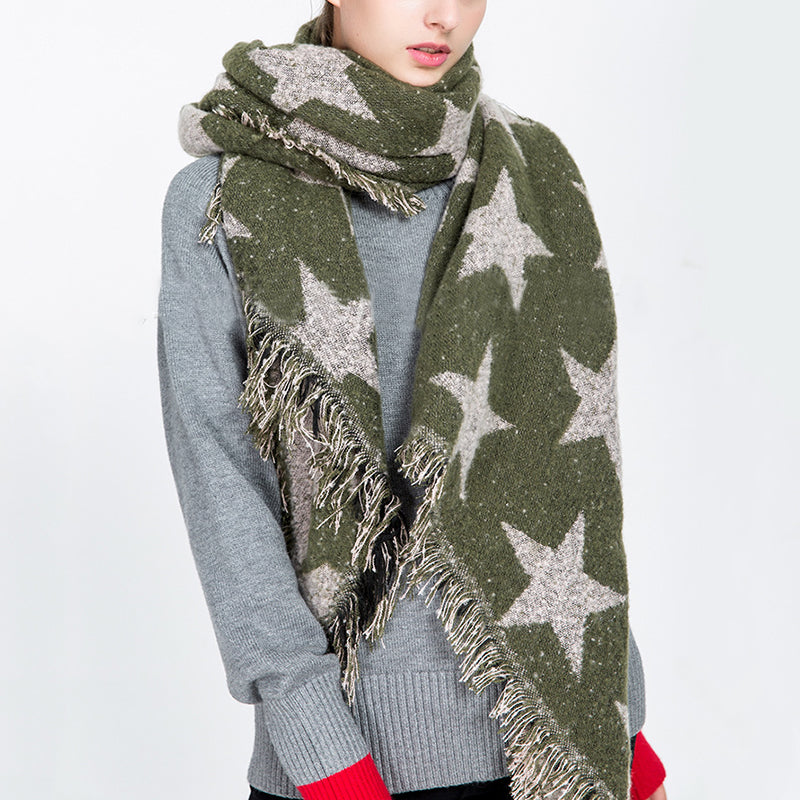 Women's Casual Five-Pointed Star Pattern Cashmere Warm Tassel Scarf