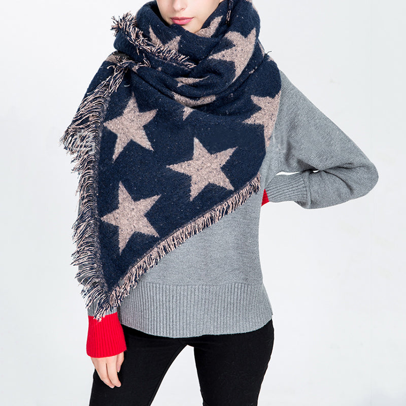 Women's Casual Five-Pointed Star Pattern Cashmere Warm Tassel Scarf