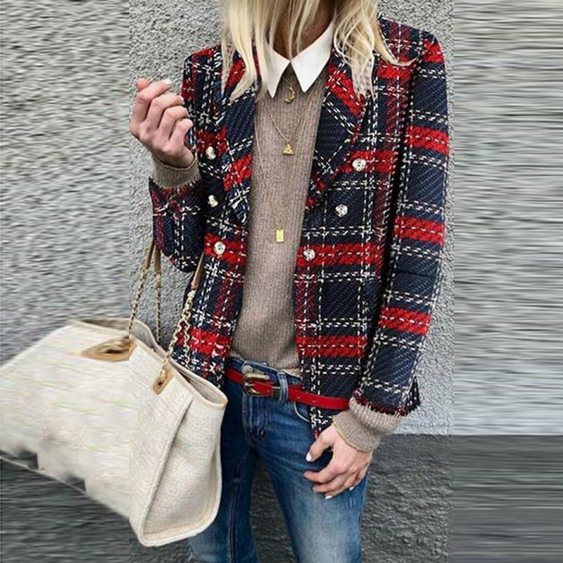 Casual Double-Breasted Plaid Blazer