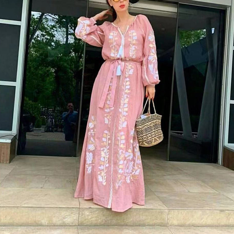 Casual V Neck Long Sleeve Printed Colour Tassel Belted Dress