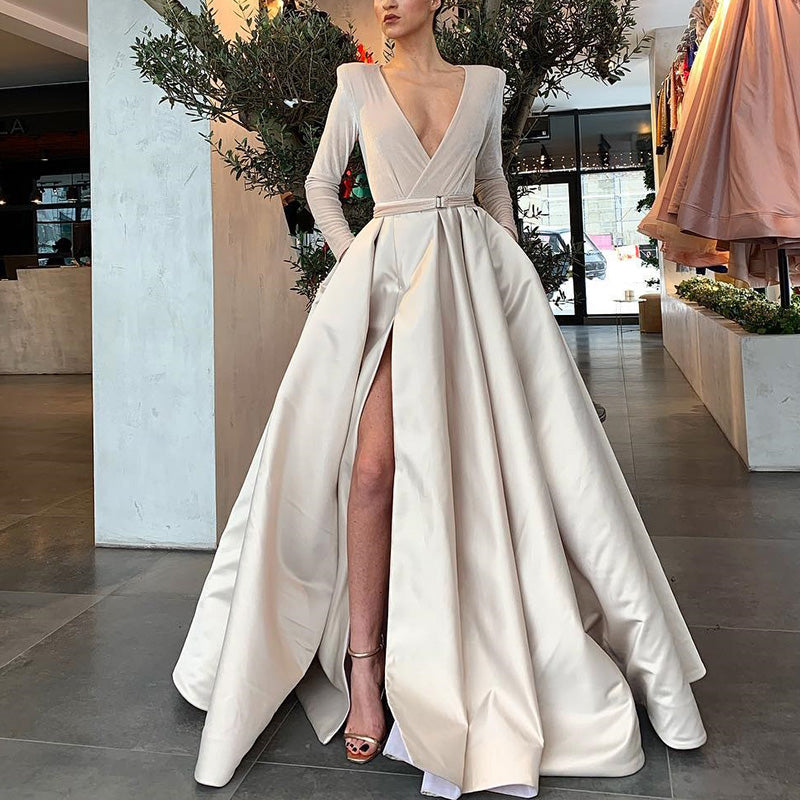 Sexy V Neck long sleeves Pure Colour Slit Dress