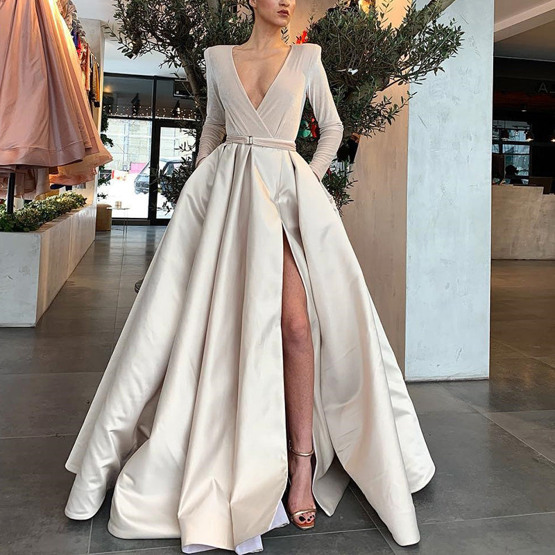 Sexy V Neck long sleeves Pure Colour Slit Dress