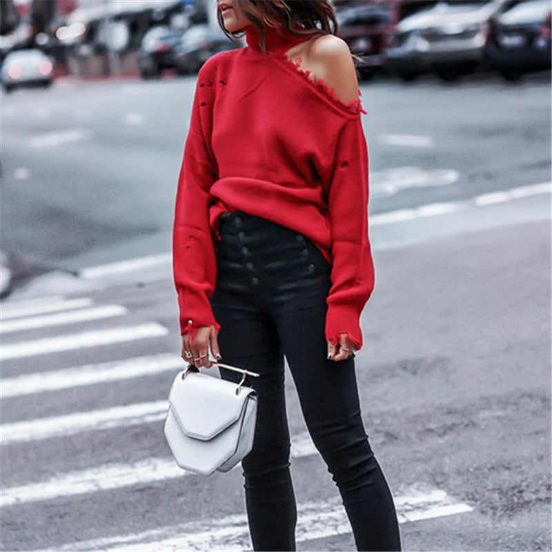 Sexy Solid Color Fashion Sloping long sleeves Sweater