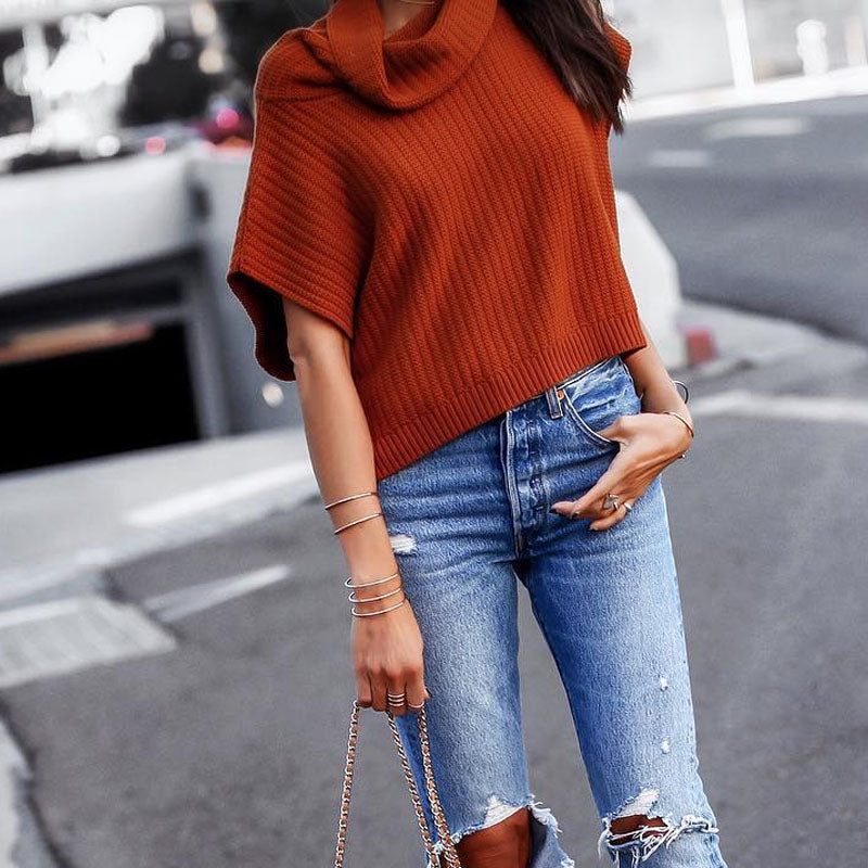 Casual High Collar Solid Color Short Sleeve Sweater