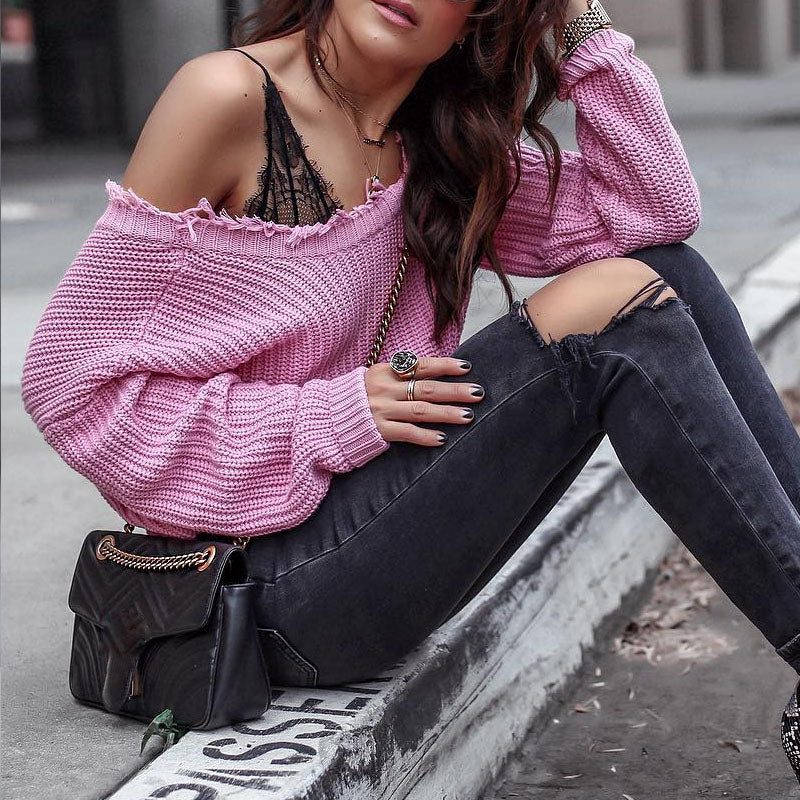 Casual V-Neck Solid Color Long-Sleeve Sweater