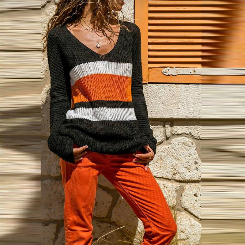 Fashion V Neck Stripe Long Sleeve Sweater