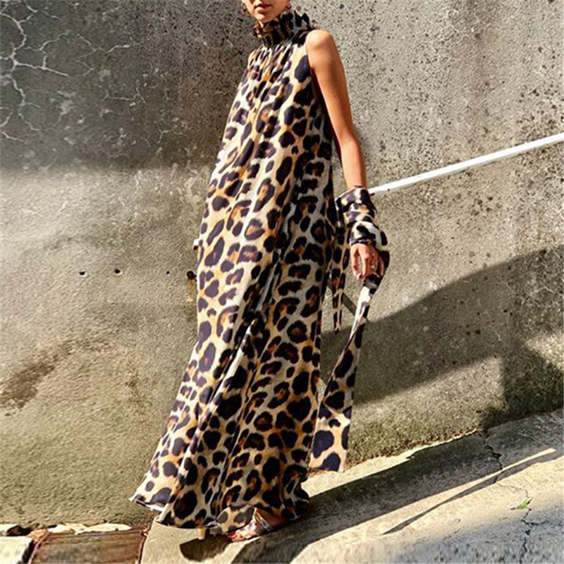Loose Sleeveless High Collar Leopard-Print sleeveless Maxi Dress