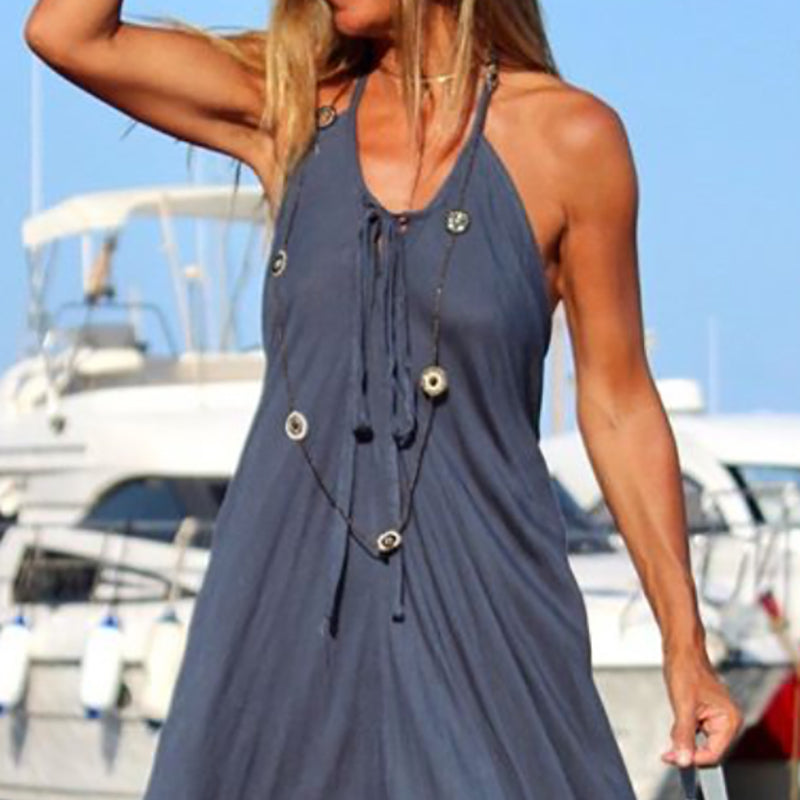 Beach Casual Sling Sleeveless Pure Colour Off-Shoulder Dress