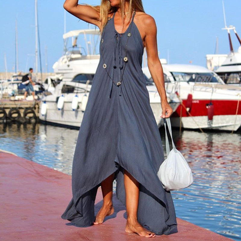 Beach Casual Sling Sleeveless Pure Colour Off-Shoulder Dress
