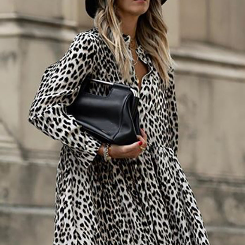 European And American Style Stand Collar Long Sleeve Leopard Print Dress