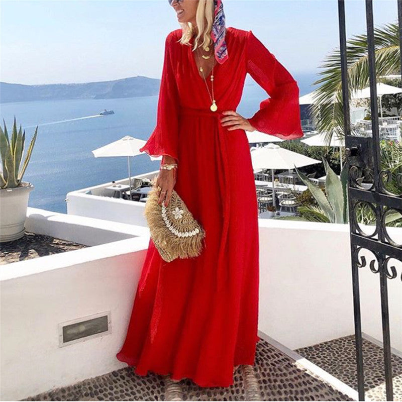 Vacation Solid Color Deep V-Neck Flared Sleeve Maxi Dress