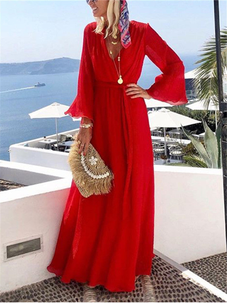 Vacation Solid Color Deep V-Neck Flared Sleeve Maxi Dress