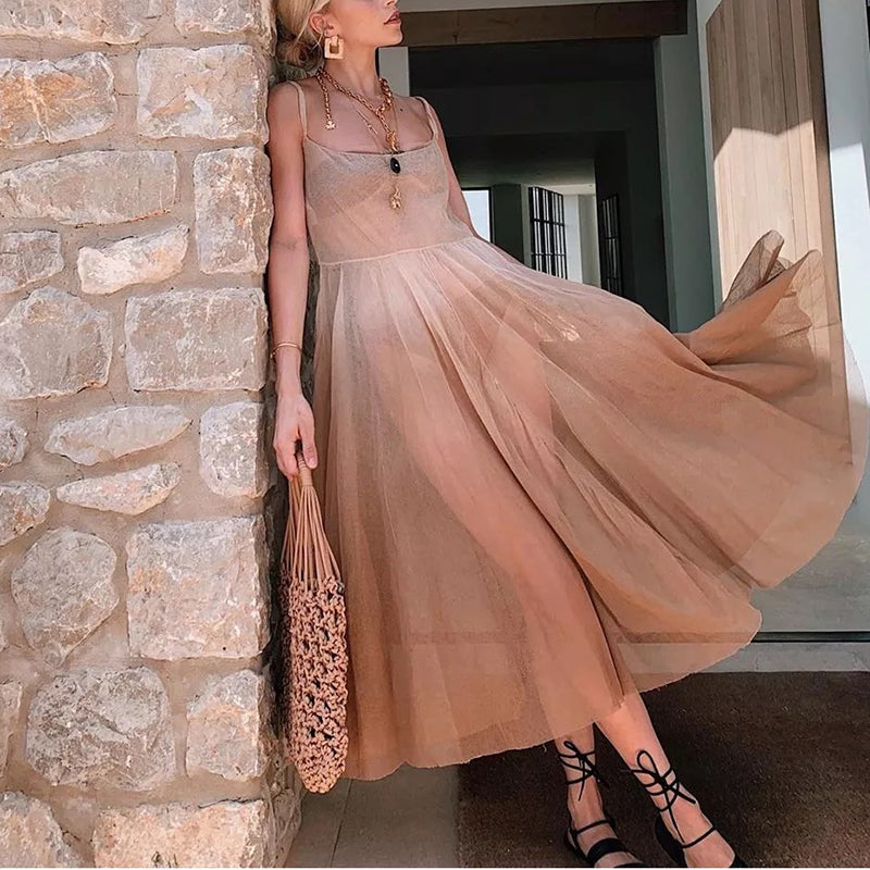 Sexy sleeveless Sling Solid Color Perspective Stitching Dress