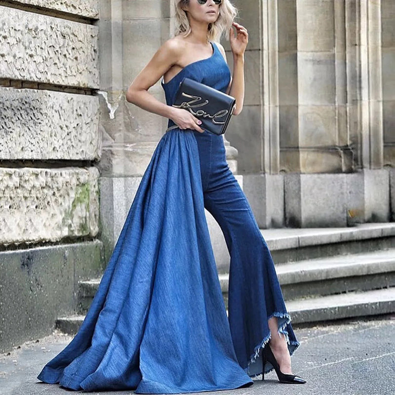 Fashion Sloping Off Shoulder Half Bell Pant Long Denim Jumpsuit