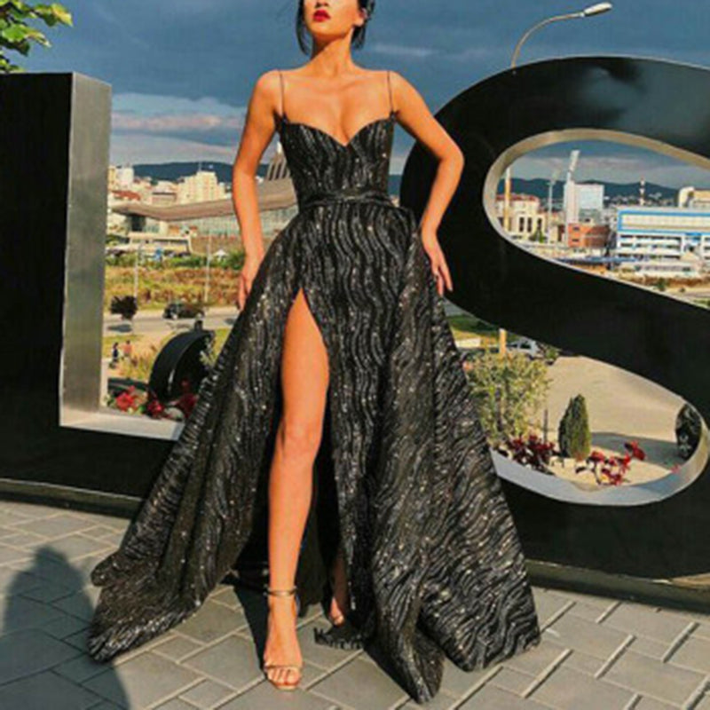 Sexy Glitter Deep V Neck sleeveless Slit Floor-Length Sling Dress