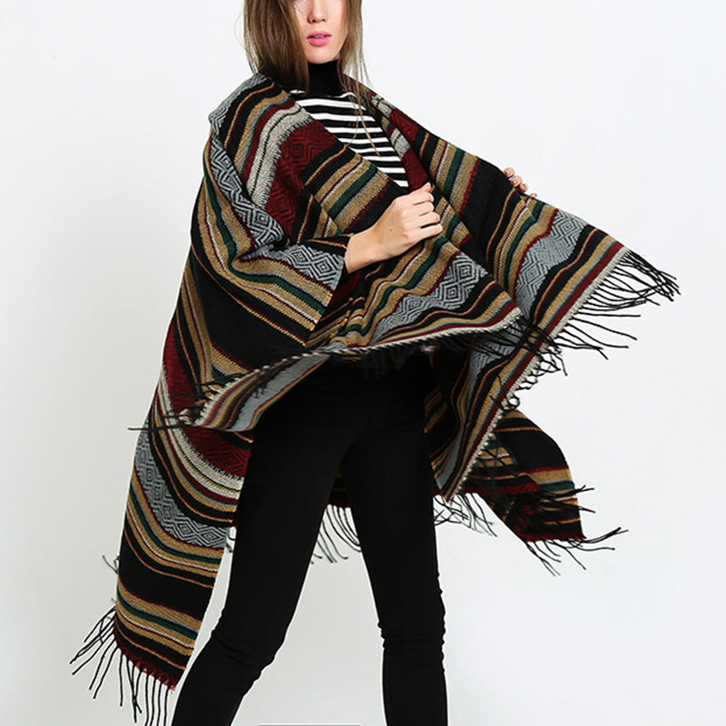 Euramerican Style Stripe Tassel Cloak Shawl Scarf