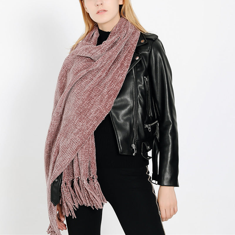 Fashion Tassel Pure Color Chenille Shawl Scarf