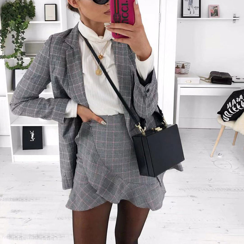 Fashion Fold Collar Collar Plaid Ruffled Blazer Suit