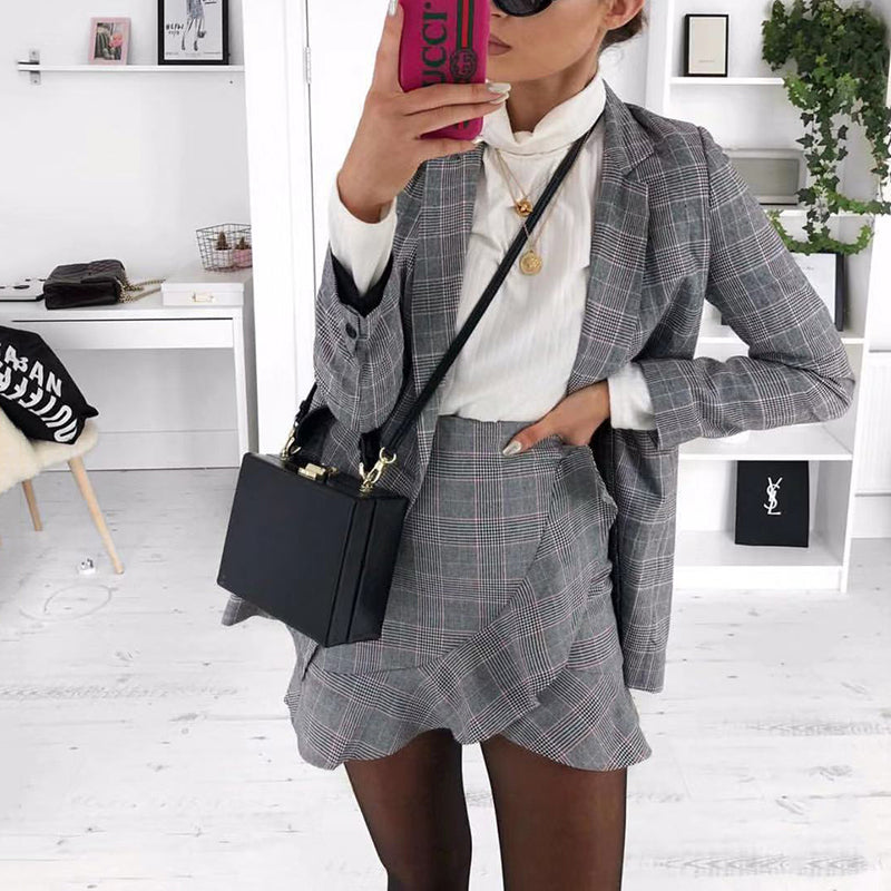 Fashion Fold Collar Collar Plaid Ruffled Blazer Suit