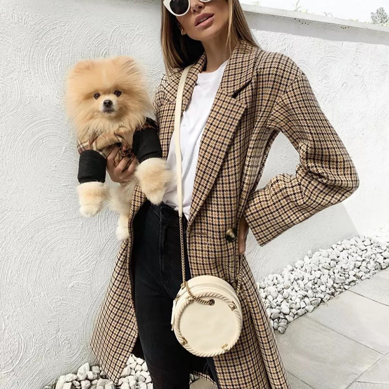 Women's Vintage Check Long Sleeve Tailored Collar Double-Breasted Coat