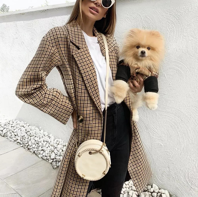 Women's Vintage Check Long Sleeve Tailored Collar Double-Breasted Coat