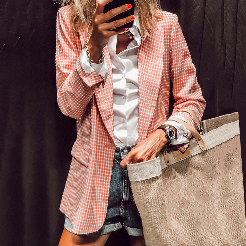 Women's Fashion Long Sleeve Tailored Collar Plaid Loose Blazer