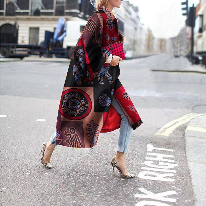 Casual  Contrast Color Printed Colour Long Coat