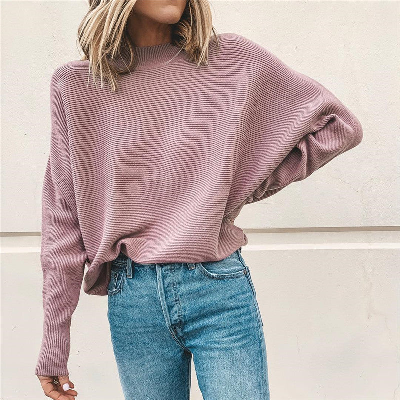 Casual Knit Rib Short High Collar Bat Sleeve Sweater