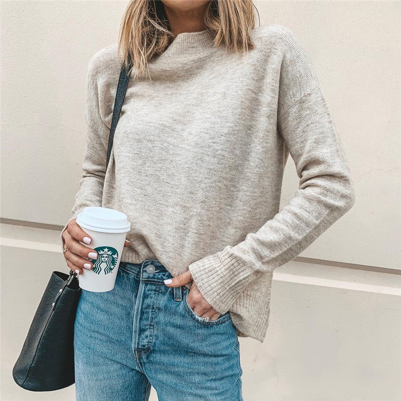 Casual Basic Shoulder Slope Drop Long Sleeve Knit Sweater