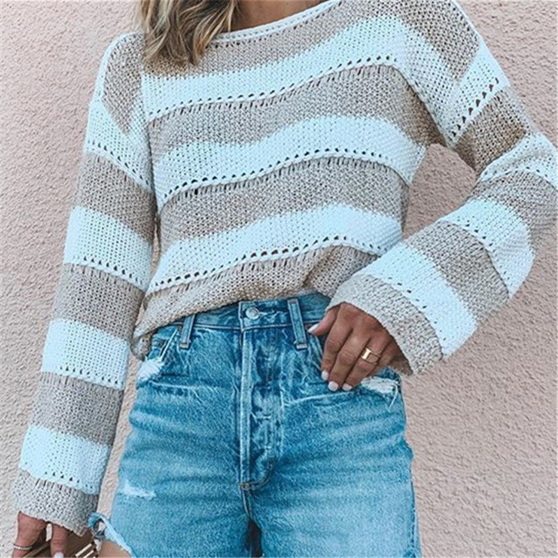 Casual Stripst Shoulder Slope Drop Round Neck Knit Sweater