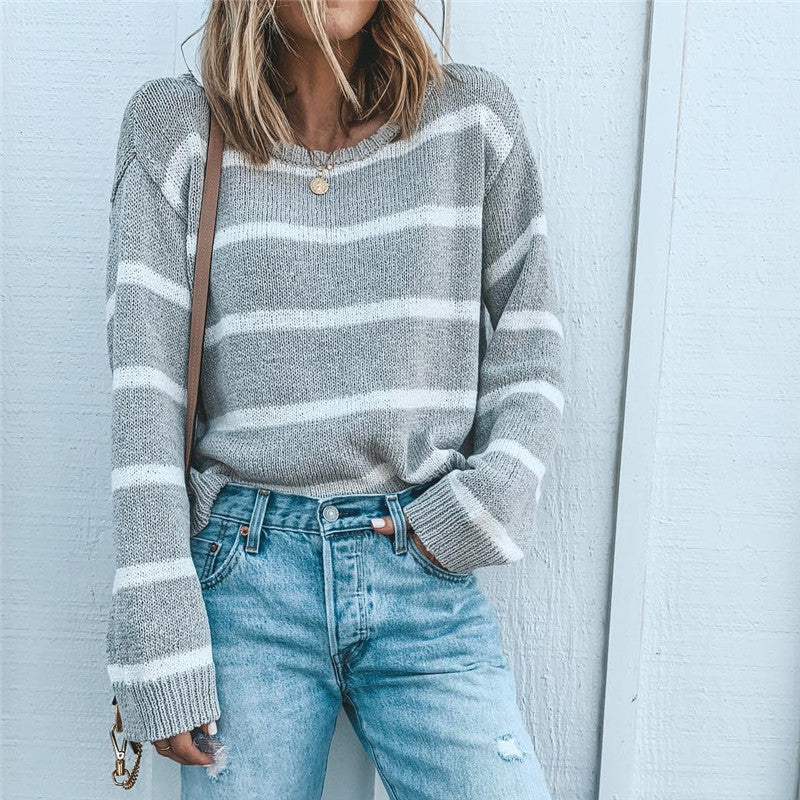Casual Stripst Round Neck Knit Sweater