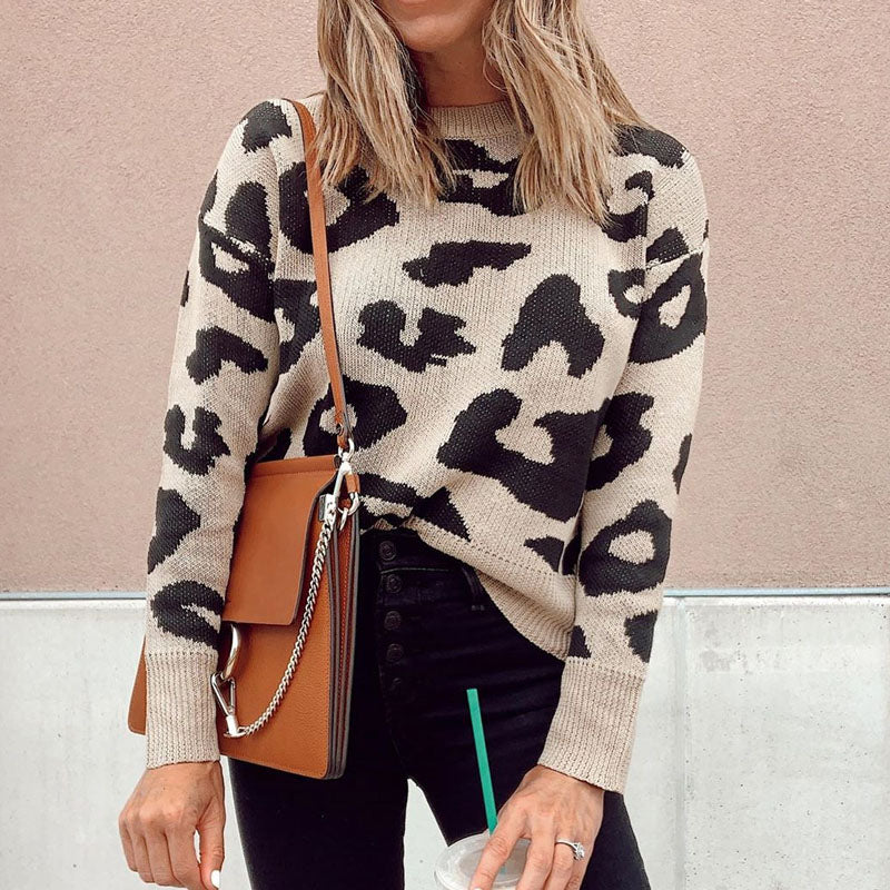 Casual Round Neck Long Sleeve Leopard Sweater