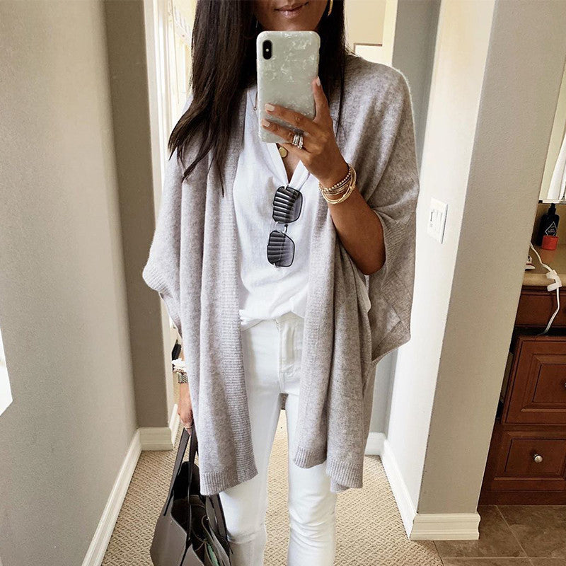 Casual Solid Color Wide-Sleeved Long Knit Cardigan