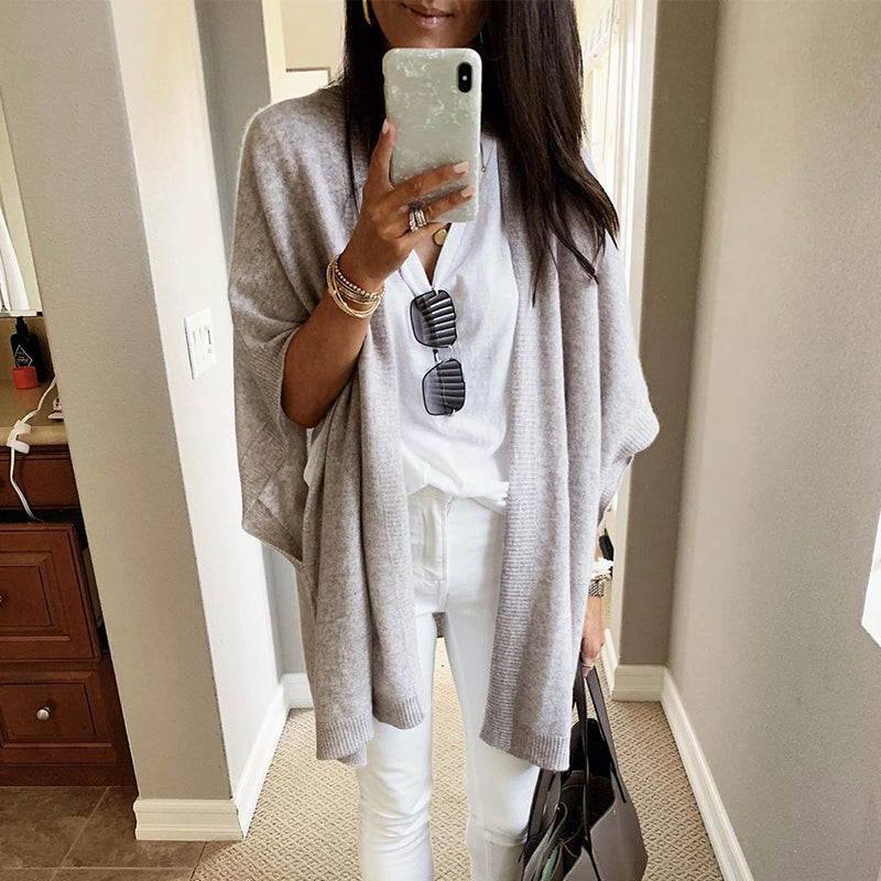Casual Solid Color Wide-Sleeved Long Knit Cardigan
