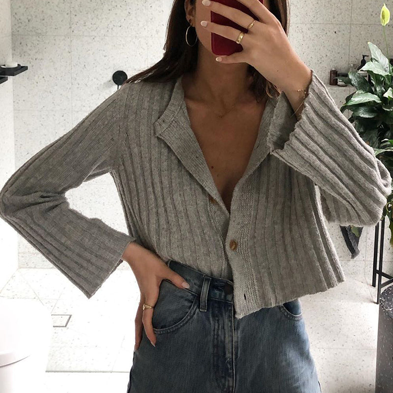 Simple Solid Long-Sleeved Short Knit Cardigan