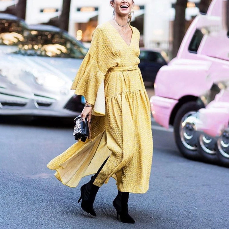 Casual Pure Color Slit Long Sleeve Dress