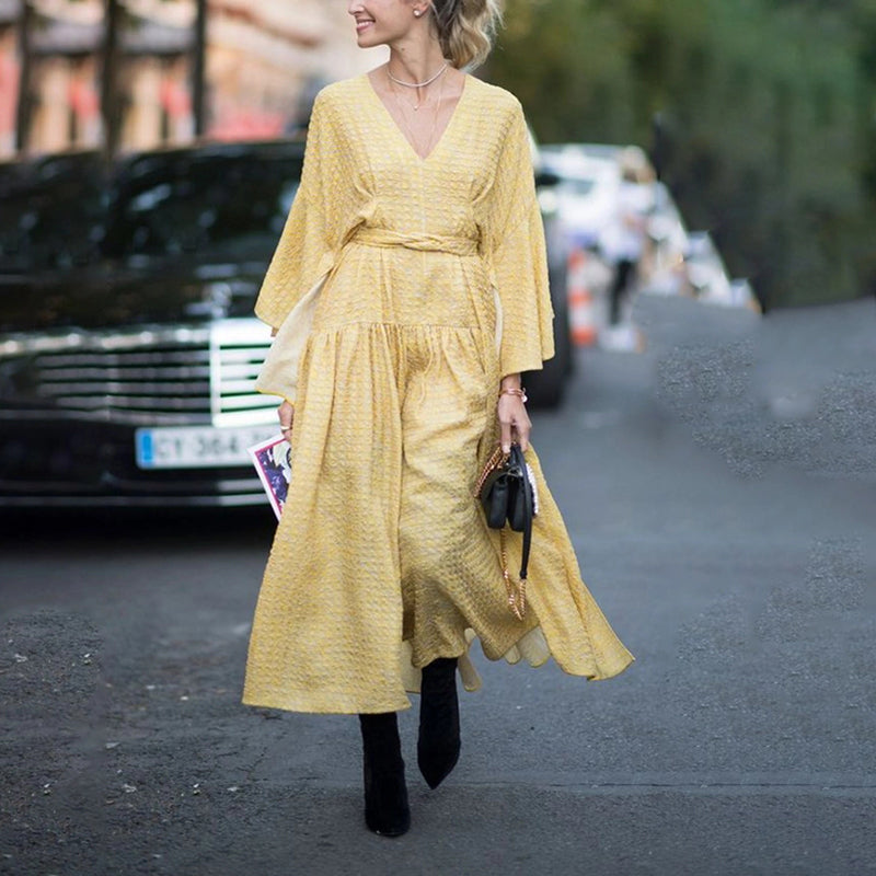 Casual Pure Color Slit Long Sleeve Dress