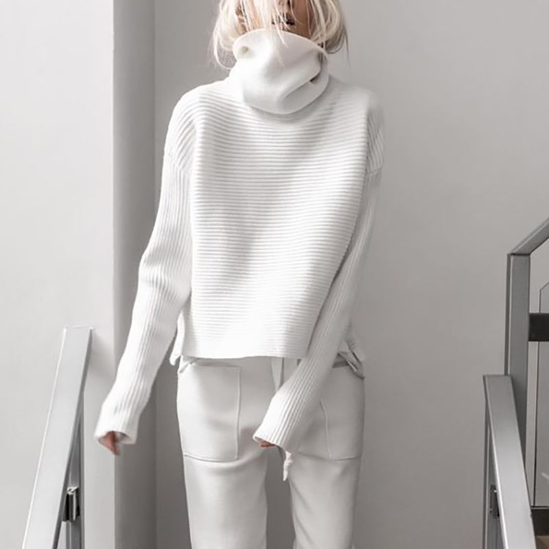 Brief High Collar Long Sleeve Pure Colour Loose Sweater