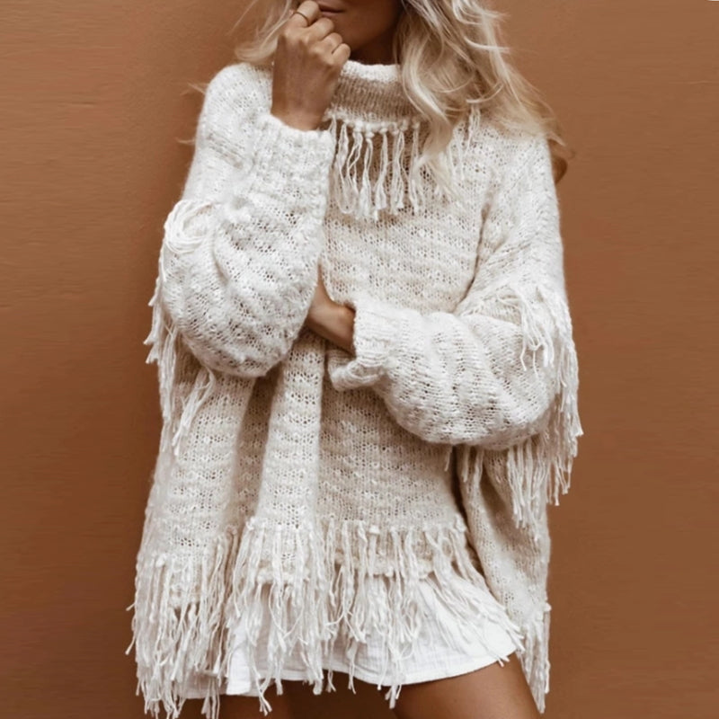 Fashion Casual High Collar Tassel Sweater