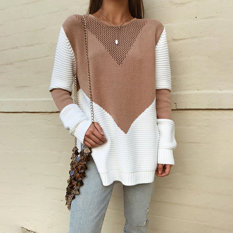 Casual Knit Round Neck Long Sleeve Splicing Sweater