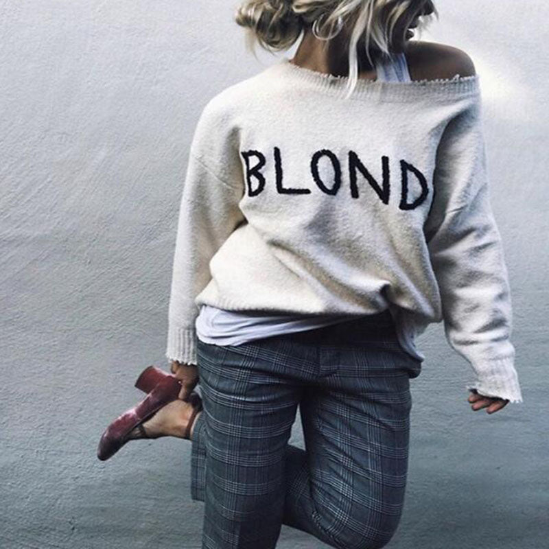 Fashion Single Off Shoulder Collar Solid Color Letter Sweater