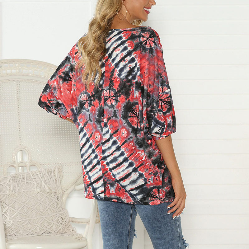 Casual Round Neck Batwing Sleeve Printed Colour Top