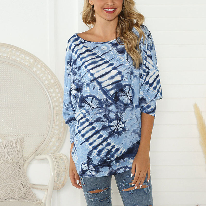 Casual Round Neck Batwing Sleeve Printed Colour Top