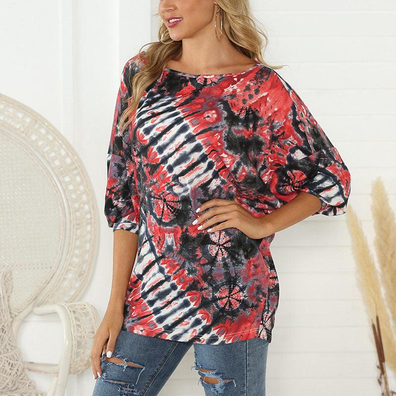 Casual Round Neck Batwing Sleeve Printed Colour Top