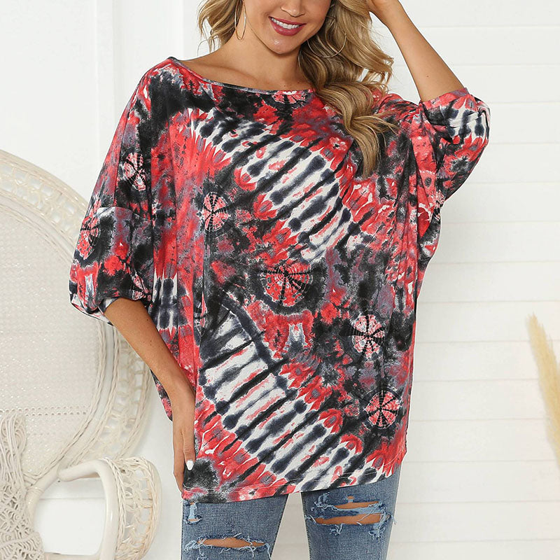 Casual Round Neck Batwing Sleeve Printed Colour Top