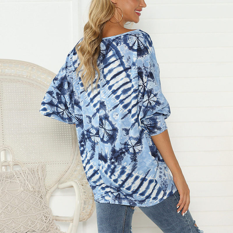 Casual Round Neck Batwing Sleeve Printed Colour Top