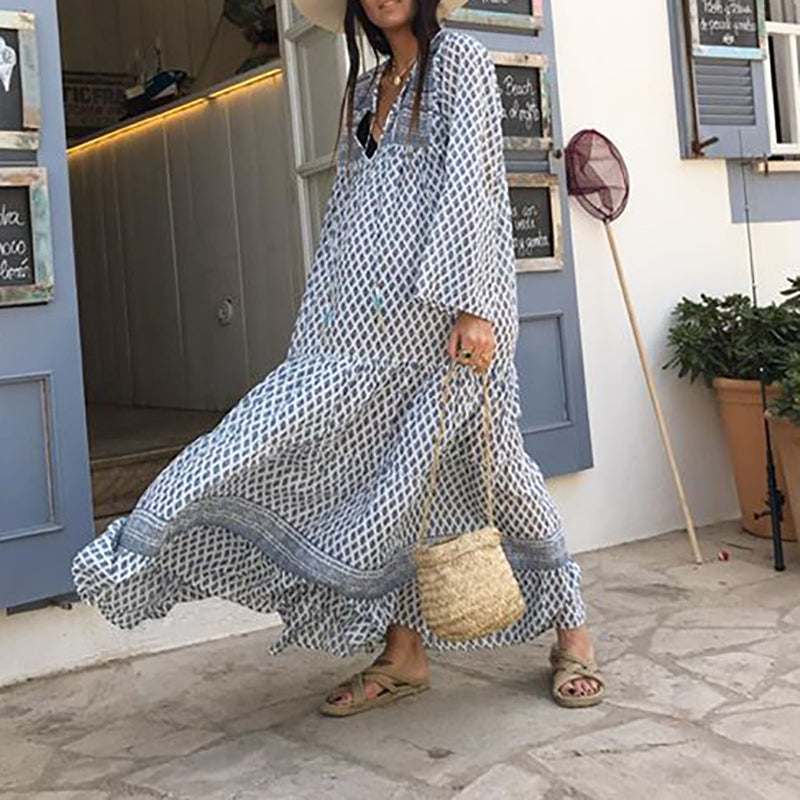 Casual V Neck Long Sleeve Printed Colour Splicing Dress