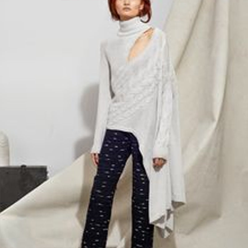 Fashion High Collar Off-Shoulder Long-Sleeved Solid Color Irregular Hem Sweater